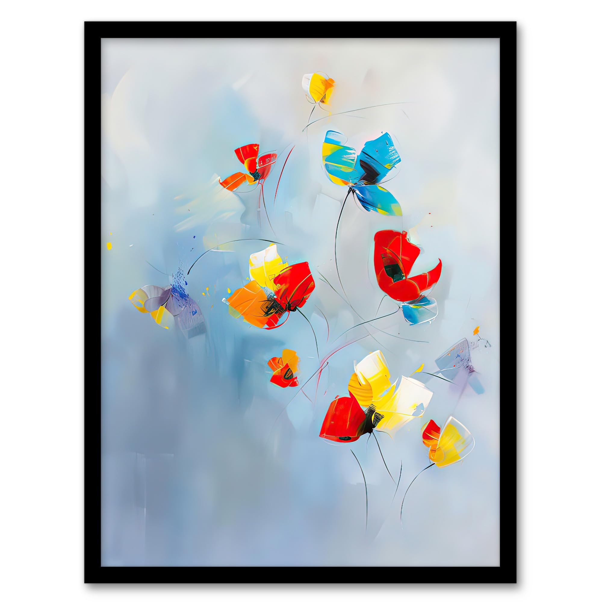 Artery8 Bright Blue Sky Abstract Flowers Painting Sweet Living Room Artwork Framed Wall Art Print A4