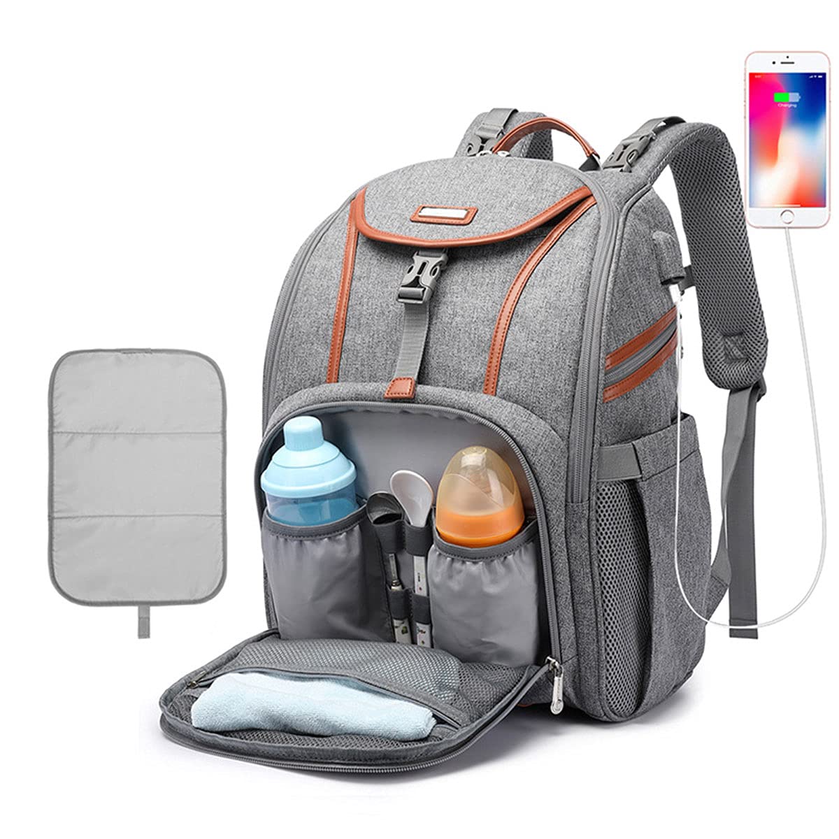 Zaino Mamma Multifunzione Neonato Fasciatoio Borsa Impermeabile Grande capacità con Tasche Isolanti Bottiglie, Borsa per Pannolini Portatile con Porta USB