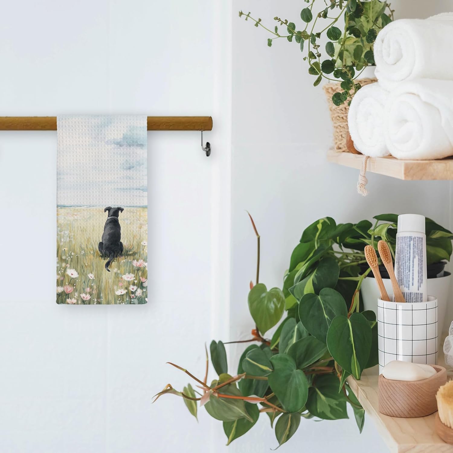 Rustic Floral Black Labrador Retriever Kitchen Towels - Black Lab Gifts Hand Towel for Bathroom, Cottagecore Farmhouse Wildflower Dog Hand Tea Towel for Bathroom Kitchen, 16x24inch - Image 5