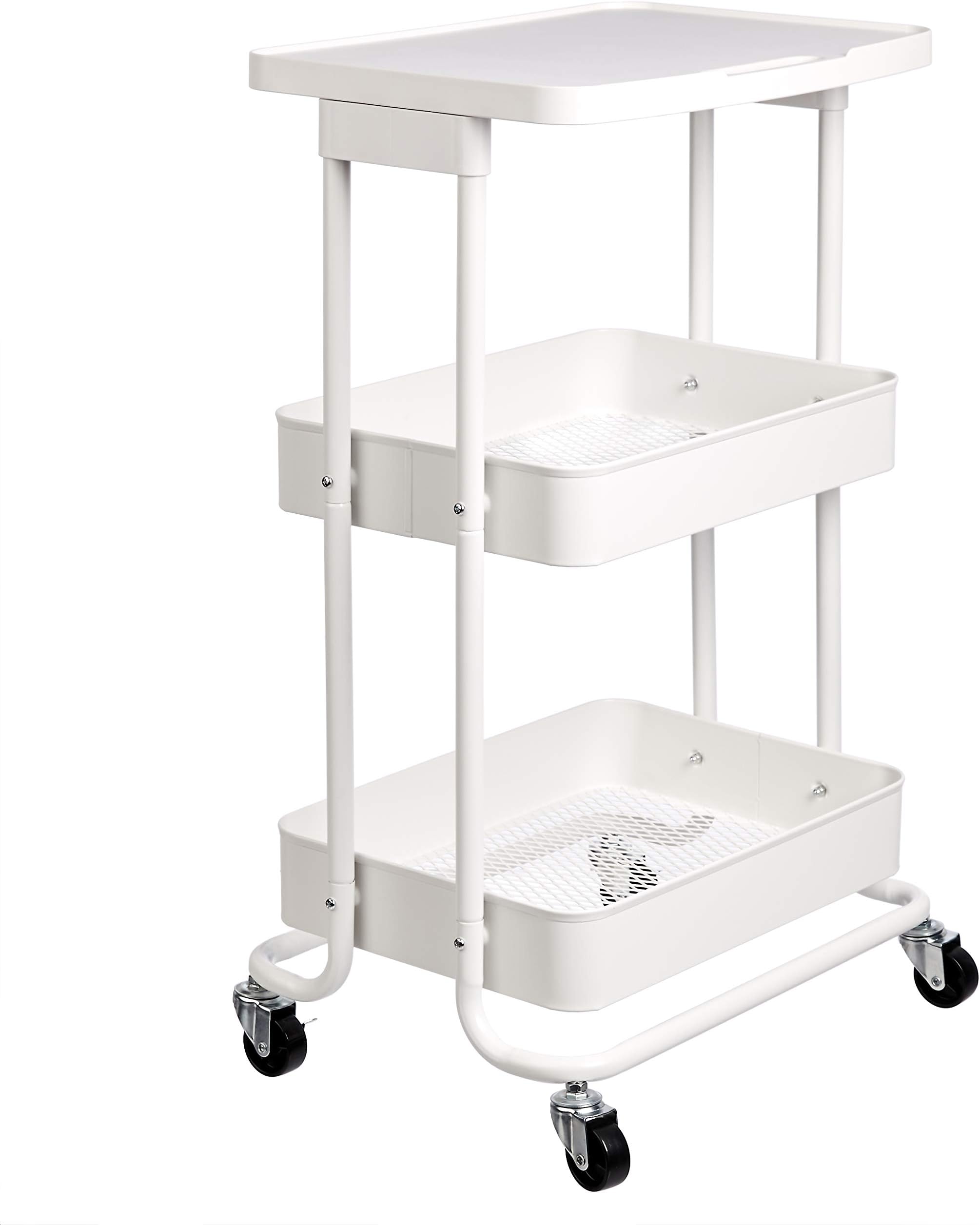 2-Tier Rolling Metal Utility Cart with Shelf, Portable Multi-Functional Storage, White
