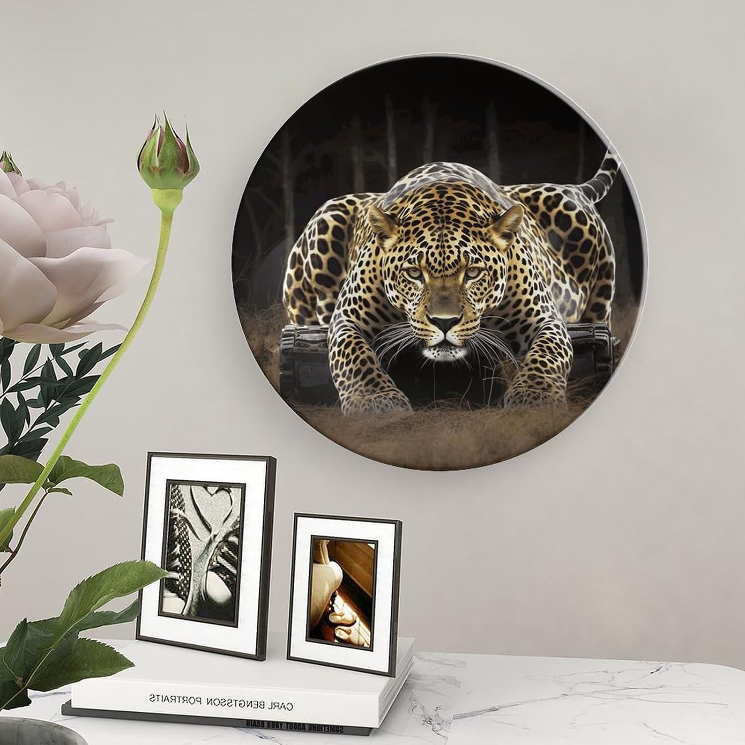 Leopard2 Decorative Plates for Display Round Porcelain Plate Living Room Table Ceramic Hanging Decorative Plate Art Decor for Living Room Table with 1 Display Stand 8inch