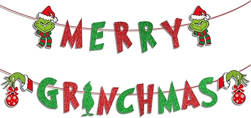 Banner de Merry Grinchmas con purpurina roja y verde decoración de Navidad Grinch decoraciones de Grinch de Navidad decoraciones de Navidad Grinch