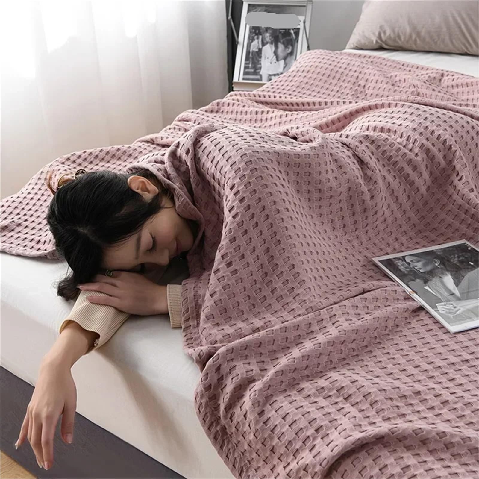 Coperta in mussola di cotone Coperta da letto estiva in cotone scozzese a nido d'ape, copriletto in maglia sottile, trapunta for hotel(Green,100x150cm)