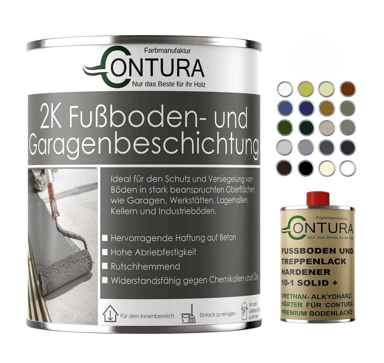 Contura 2K Bodenfarbe Betonfarbe Garagenfarbe Kellerboden Fussbodenlack Seidenmatt Lack (9005 Schwarz, 1,10Liter (1L+100ml Härter))