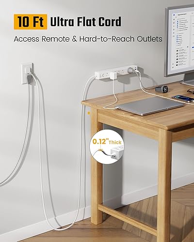 Miniatura 2 de SUPERDANNY - Cable de extensión de 10 pies con múltiples tomas, protector de sobretensiones de enchufe plano SUPERDANNY cable de 10 pies de largo, 6