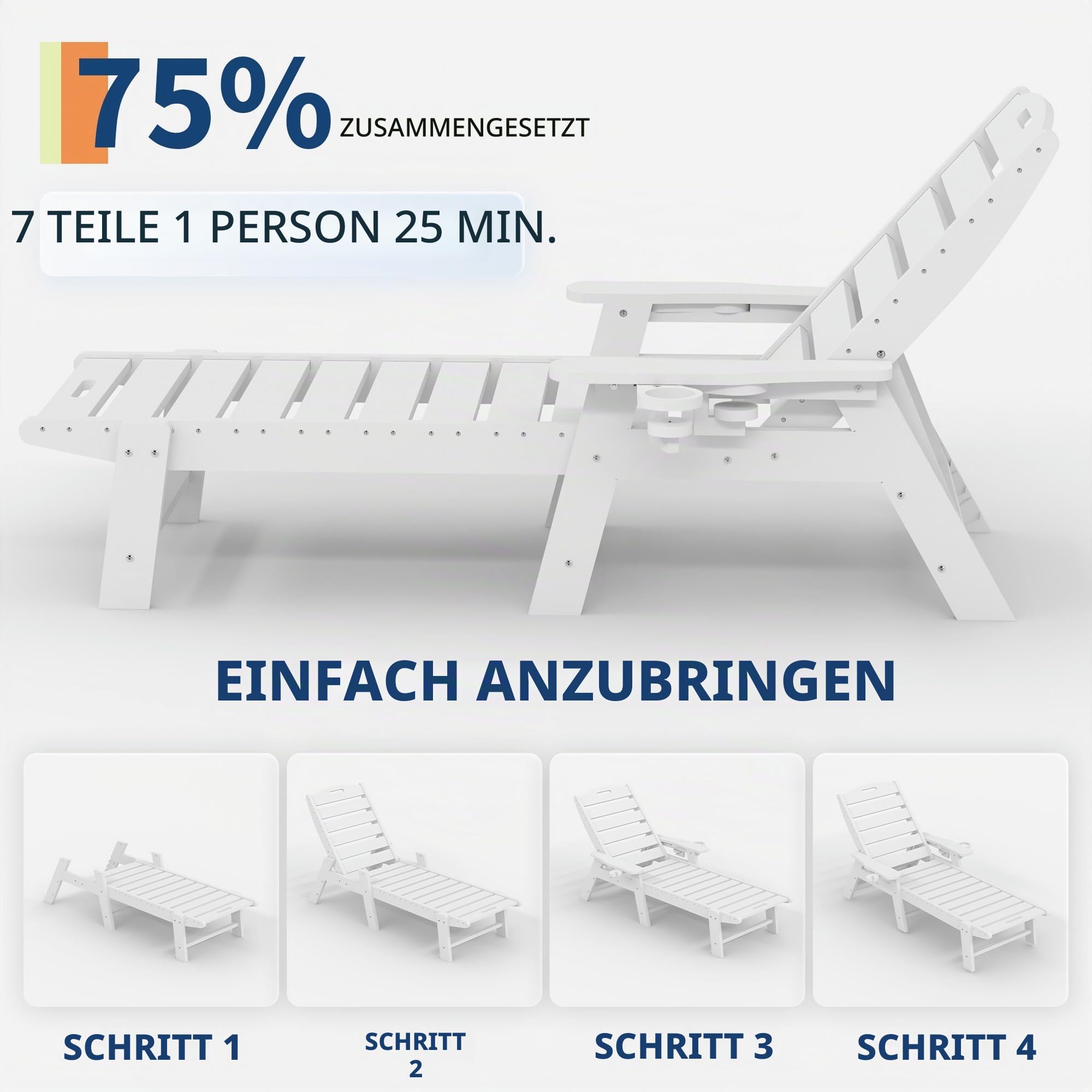 Extra Große Sonnenliege für Outdoor, Klappbare Gartenliege aus HDPE, 5-Fach Verstellbar, Chaise Lounge Liegestuhl für Pool, Terrasse, Strand und Camping, Weiß