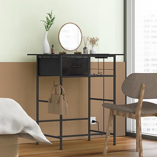 Miniatura 7 de DAMEING Escritorio de tocador sin espejo, pequeña mesa de tocador de maquillaje con cajones de tela y toma de corriente, escritorio de maquillaje