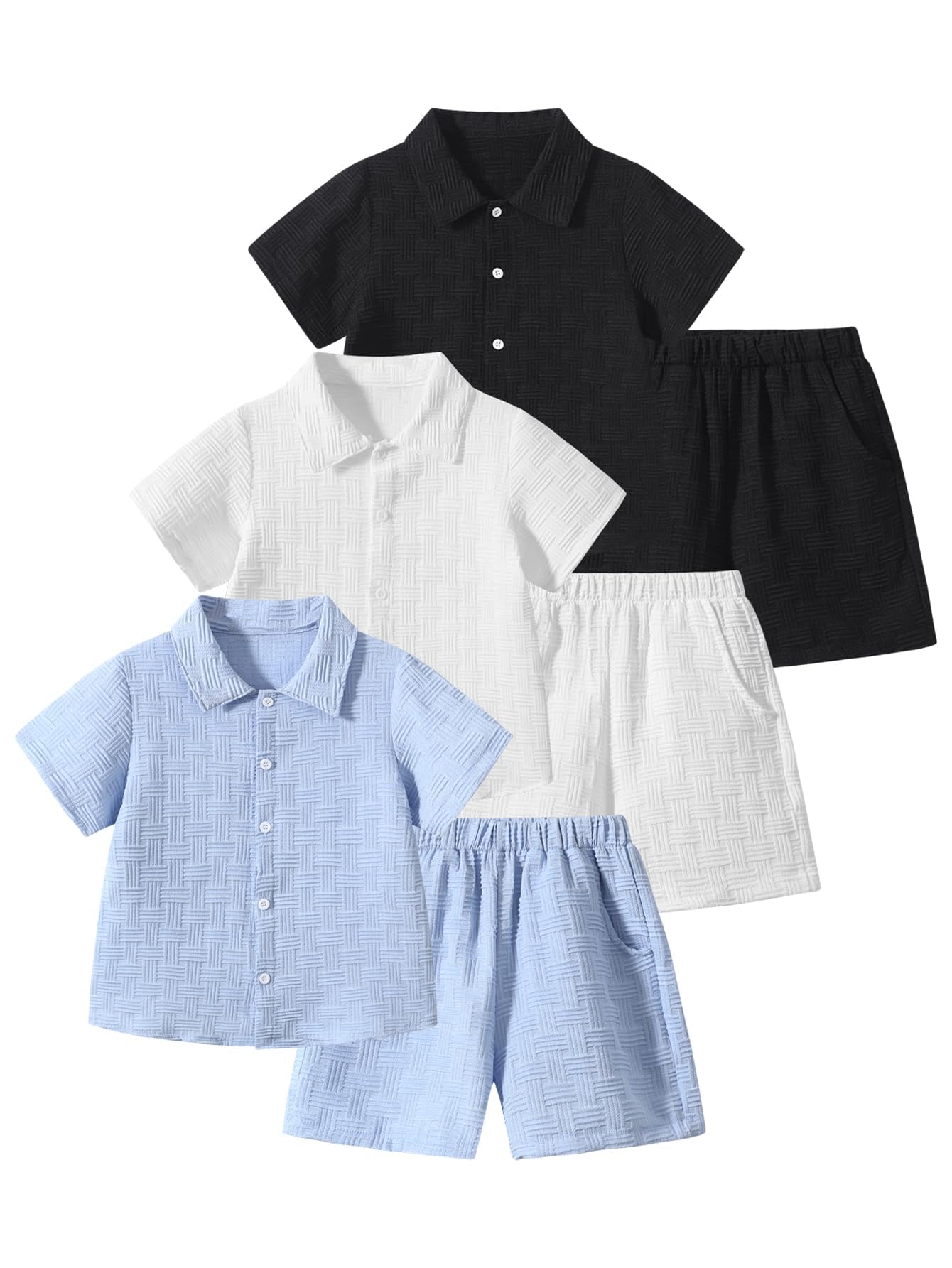 Photo 1 of ***Black set missing***Jolyshlid Boys 6PC Outfits Sets Textured Short Sleeve Button Down Shirts and Shorts Clothing Set Multicolor 5-6Y