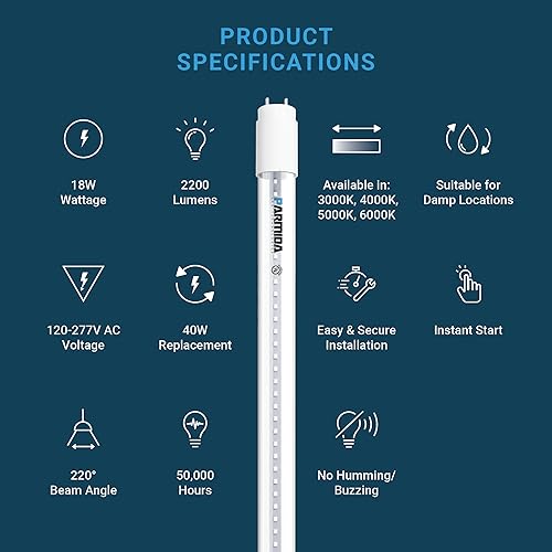 Miniatura 2 de PARMIDA - Tubo de luz LED T8 tipo B de derivación, balasto de 18 W, con certificación UL para conexión de extremo único y de doble extremo, 2200 lm,