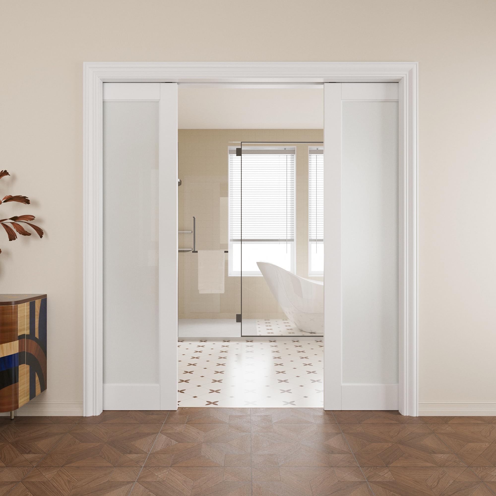 Pocket Door,1-Lite Frosted Glass Doors,Solid Door,72 x 96 Door