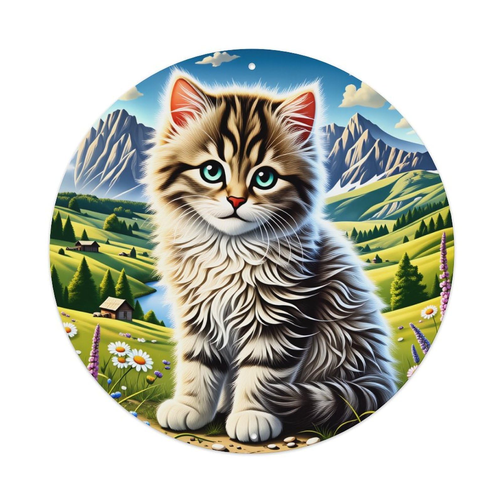 Cute Kitten Mountain Landscape Flowers Round Tin Sign Vintage Style Metal Sign Home Bar Garden Wall Plaque Decor Metal Poster 8x8 Inch