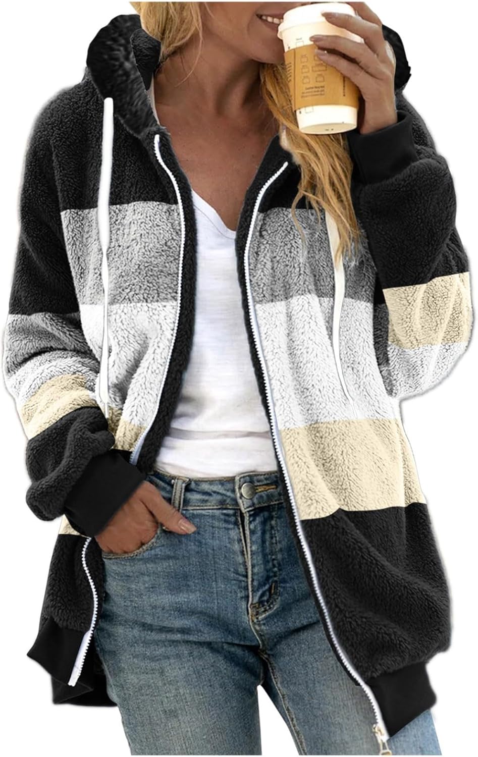 SNKSDGM Women's Fuzzy Fleece Jackets Warm Winter with Fur Hood Short