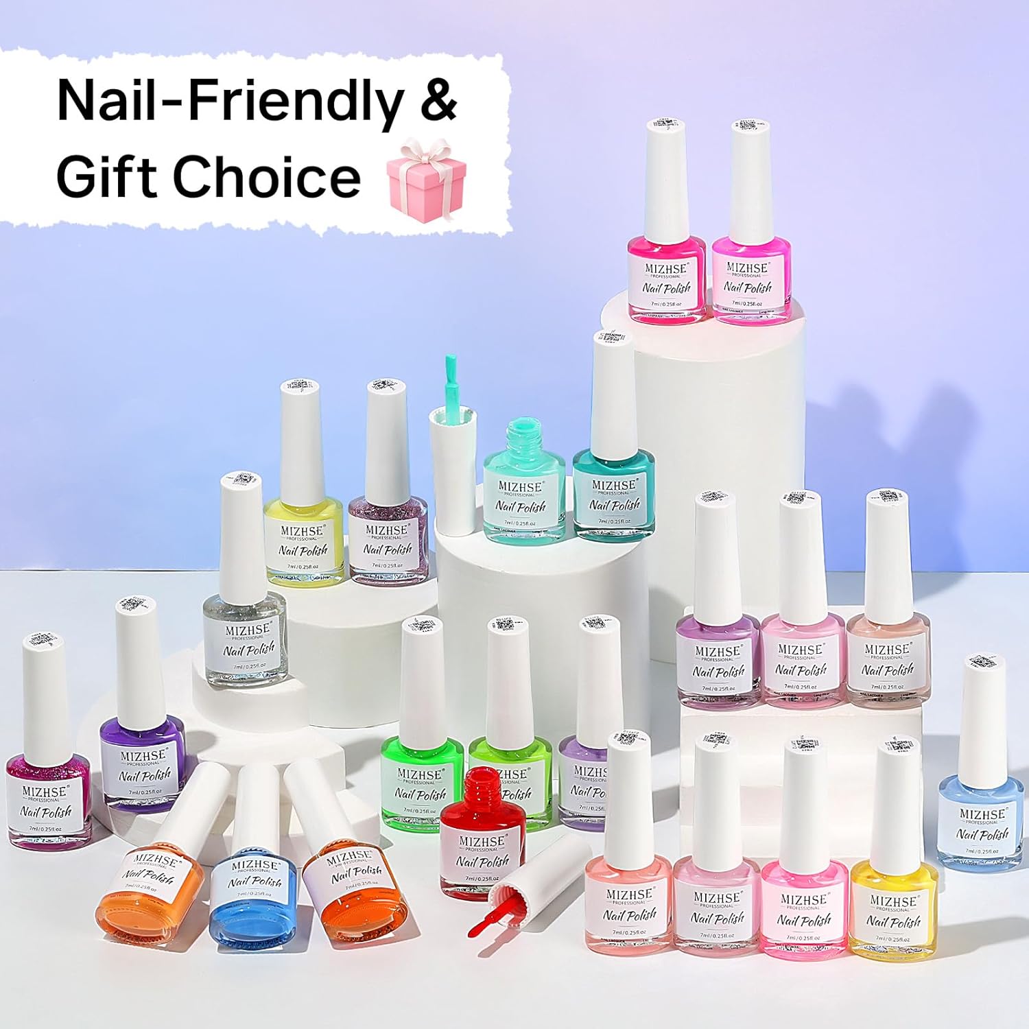 MIZHSE Quick Dry Nail Polish Set, 24 Colors Spring Summer Regular Nail Polish Non Gel, Air Drying Fast Neon Trendy Glitter Bulk Nail Lacquer Oil-based Long Lasting Home DIY Gift for Women