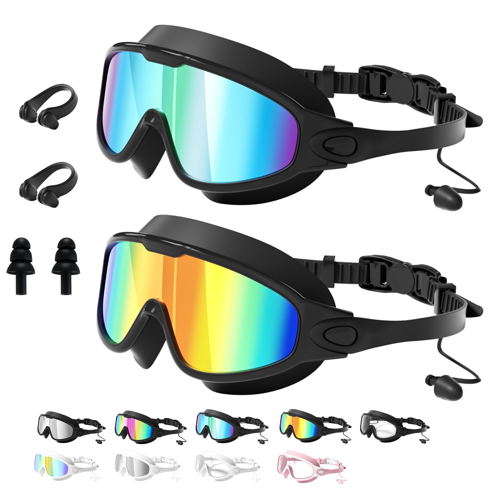 Syeefula My Cool Summer Goggles, 180° Wide View Anti Fog & UV No Leaking Swim Glasses, with Ear Plugs & Nose Clip for Children and Early Teens, Waterproof, Anti-Fog, UV Protection (2-BG+BR)
