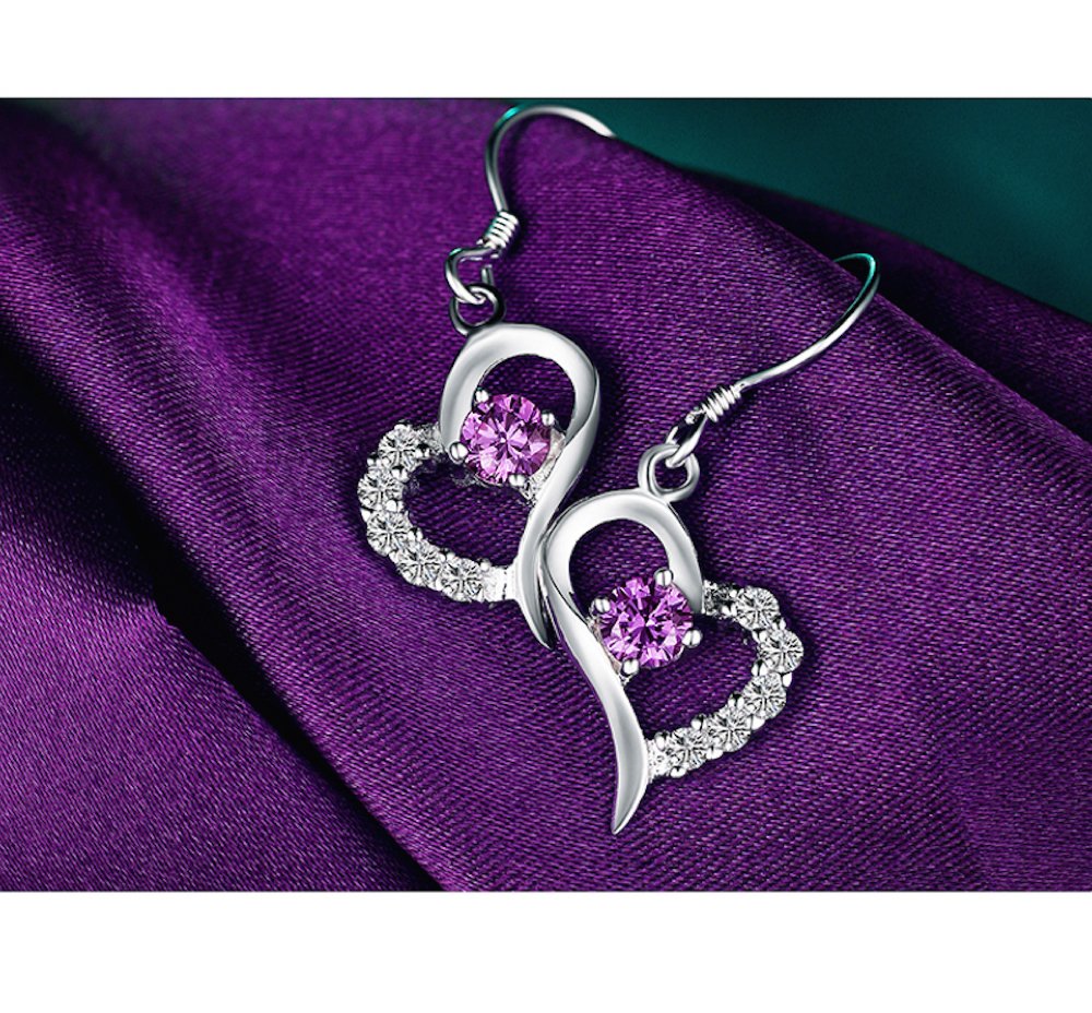 Kim Johanson Damen Schmuckset *Purple Heart* in Silber I Halskette mit Anhänger & Ohrringen aus Edelstahl I Armband rhodiniert I Mit weißen Kristallen besetzt inkl. Schmuckbeutel