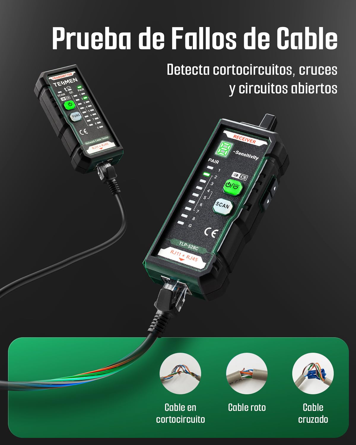 TESMEN TLP-528C Probador de cables de red, RJ11/RJ45, localizador Ethernet CAT5/CAT6 con prueba de continuidad & QC, buscador de líneas LAN y telefónicas, ideal para mantenimiento de cables – Verde