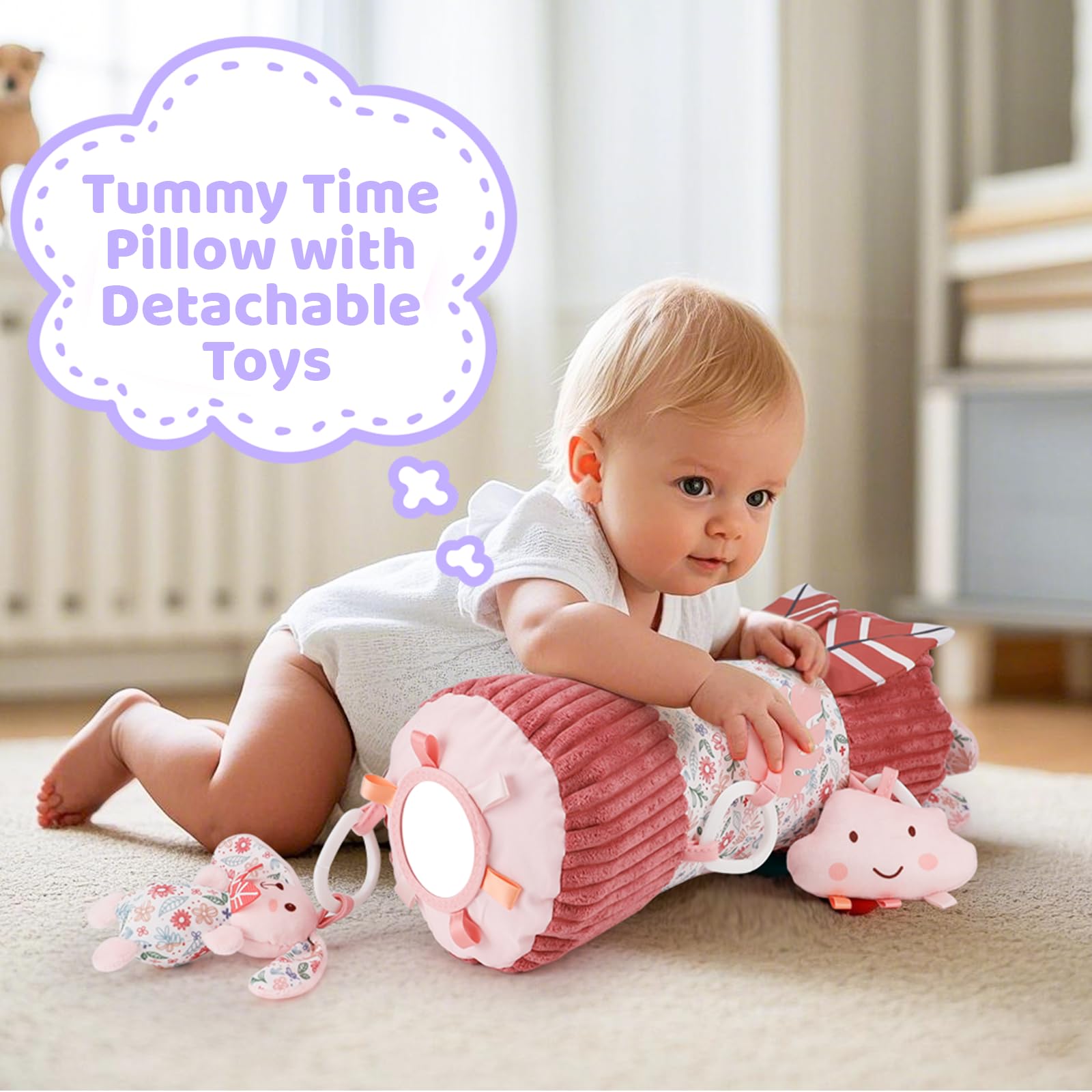 vocheer Tummy Time Pillow with Detachable Sensory Toys for Babies,Inflatable Design,Pink Rabbit - Image 3