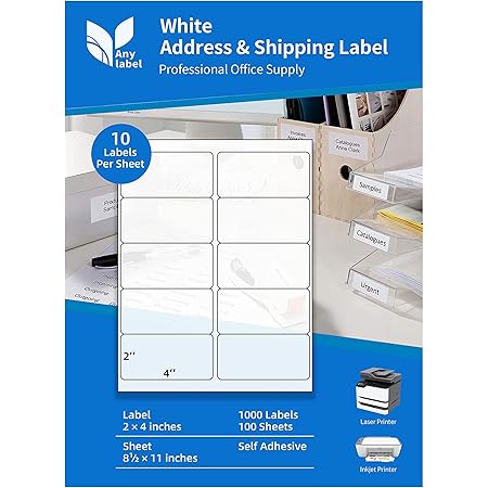 Anylabel 10 Per Page Internet Mailing Labels 2" x 4" Shipping Address Labels for Laser & Inkjet Printer Adhesive(100 Sheets, 1000 Labels)