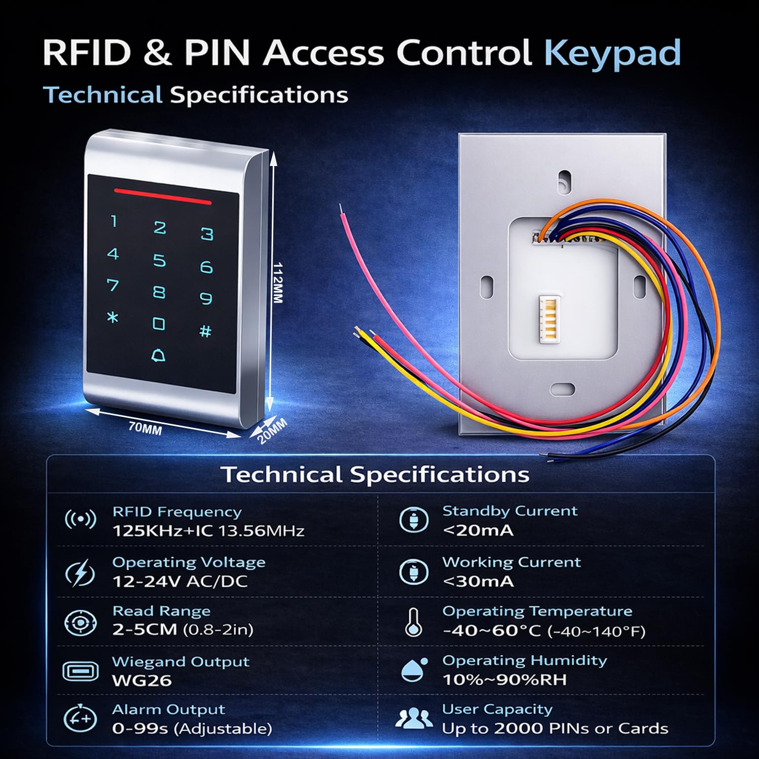 Zutrittskontrolle RFID – Zutrittskontroller mit Doppelfrequenz (ID + IC / NFC), Codeschloss mit beleuchteter Tastatur, IP68 wasserdicht, DC 12–24V, für Wohnung, Büro und Tor, + 10 Tag 125 kHz(2)
