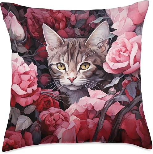Miniatura 1 de Havanna Brown Cat Hiding Between Roses and Flowers Throw Pillow, 18x18, Multicolor