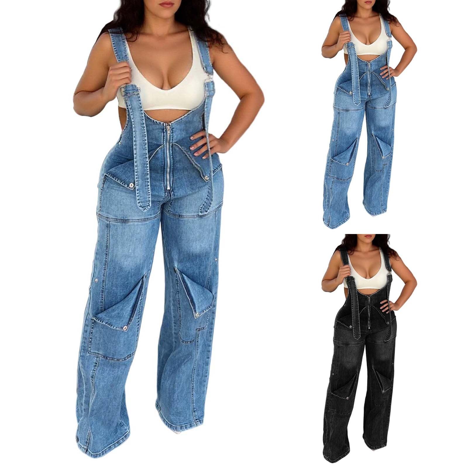 Generisch Salopette da donna estive jeans Jumpsuit jeans senza maniche salopette in jeans regolabile Romper Regular Fit tuta Bootcut Denim Tuta retrò jeans a impatto outdoor Streetwear