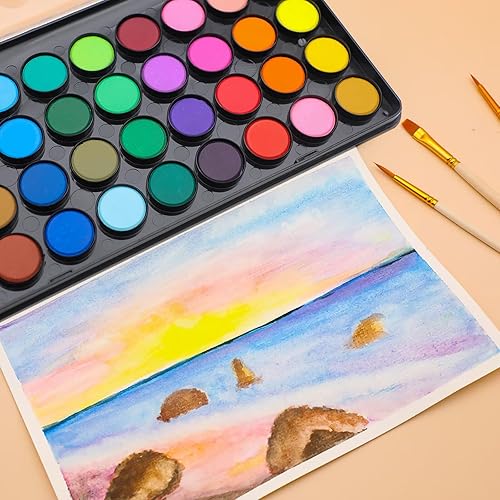 Miniatura 5 de Artecho Juego de pintura de acuarela de 36 colores con 3 pinceles, lavable, diseño de viaje, perfecto para hacer tarjetas, ilustraciones, pintura,