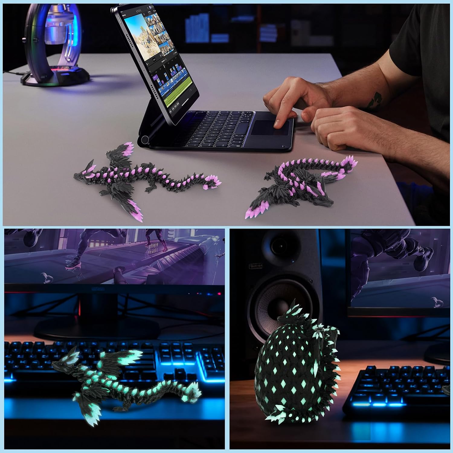 3D Printed Dragon with Wings Glow in The Dark, Dragon Eggs with Dragon Inside, Flexible Articulated Fidget Toy, Easter Mythical Pieces, Cool Luminous Desk Decor Gift for Kids & Adults image 3