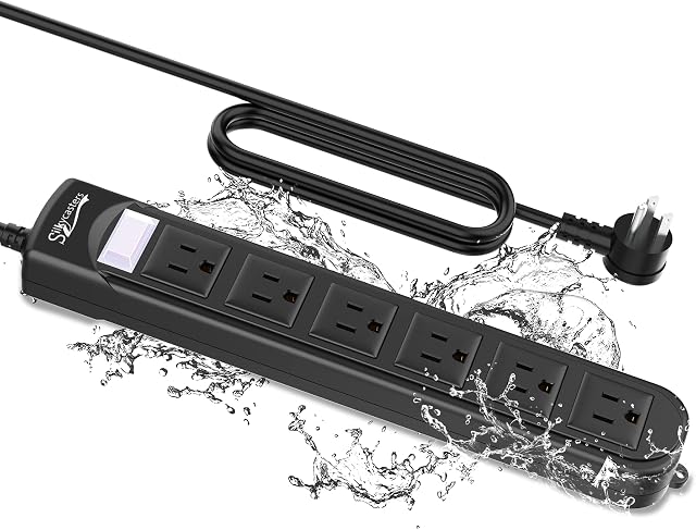 Barre d'alimentation extérieure étanche, protecteur de surpression imperméable 6 Des sorties, 6 FT Cord d'extension, 1875W Protection contre les surcharges, Outlet antichoc, Montable au mur pour la maison, Cuisine, Salle de bains, Jardin, Patio