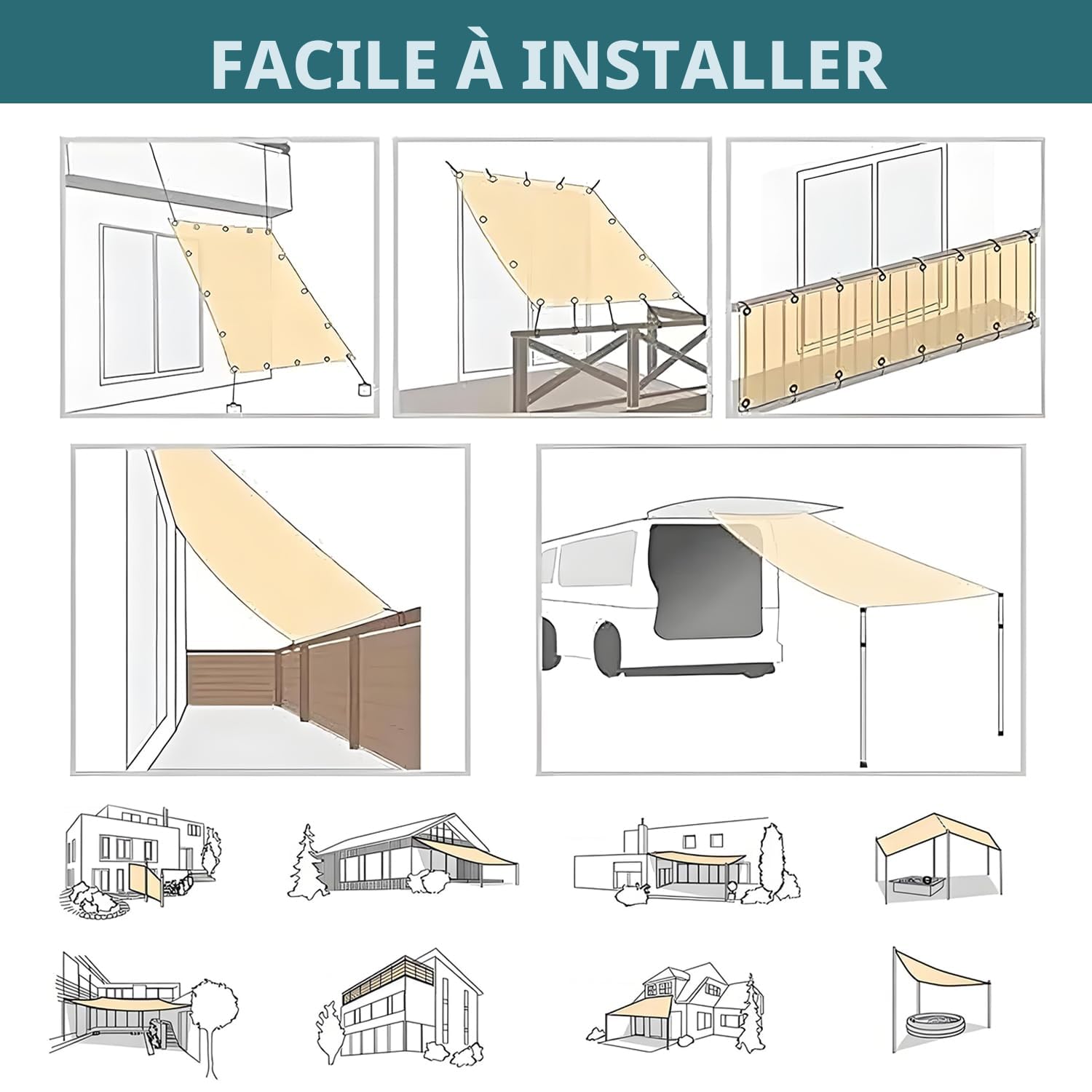 Voile d'ombrage imperméable rectangulaire 2x3 m, Protection Solaire, UV, intempéries, sans perçage, 100% Polyester, Filet avec illets et Corde