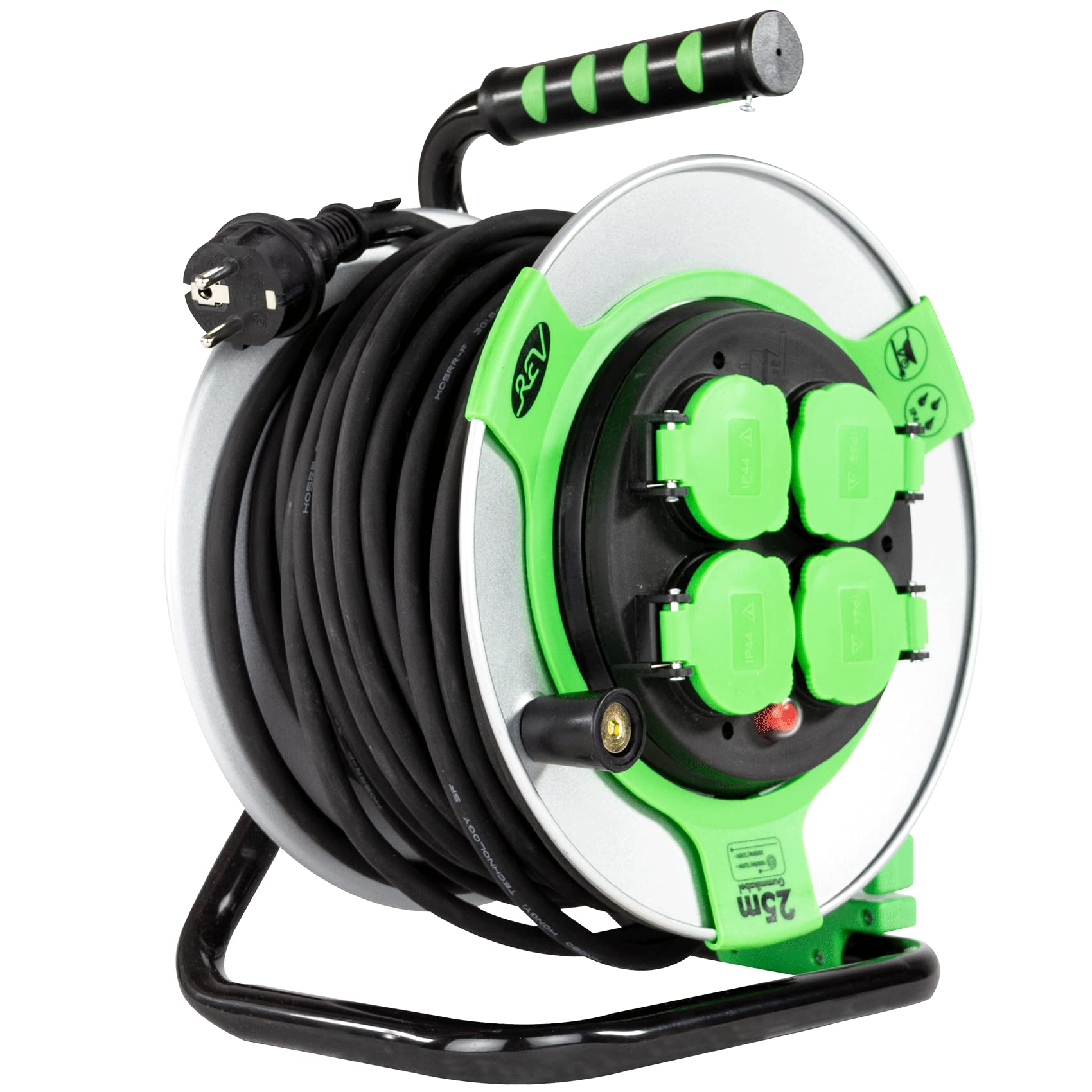 Rev Carrete de Cable EX, 25 m, H05RR, IP44, 3000 W, con Contacto abrasivo, Rollo de Cable para Exteriores, 4 enchufes, Color Verde