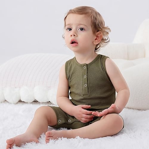 Miniatura 5 de BeiVSlley Paquete de 2 mamelucos sin mangas para bebés, niños y niñas, de algodón sólido, de una pieza, overol de una sola pieza