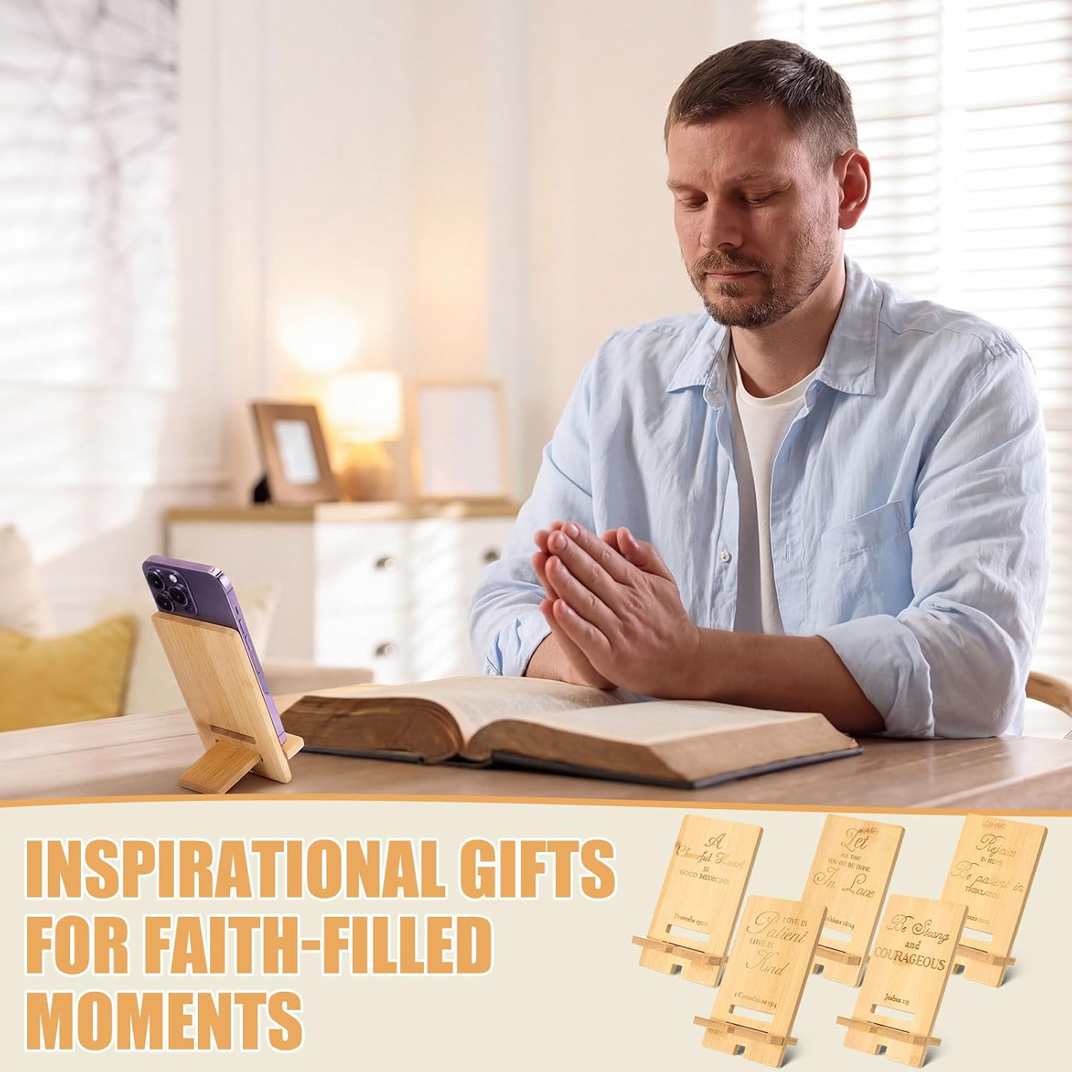 Ripeng 20 Pcs Christian Appreciation Gifts Bulk for Church Bamboo Phone Stand for Employee Desk Office Workers Thank You Gift for Team Coworkers Staff Volunteer Nurse Teacher Week Colleagues