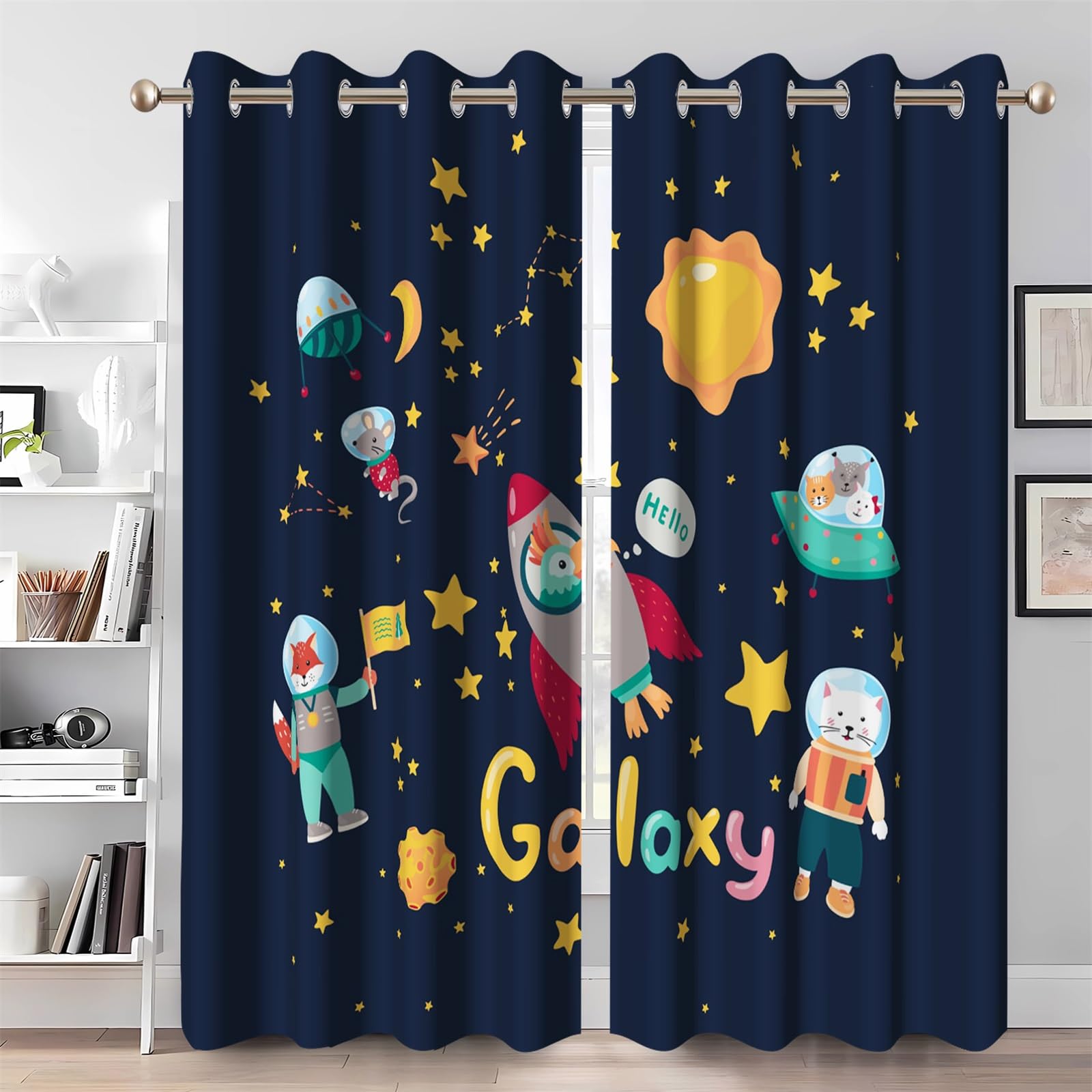 Ttincceer Galaxy Blackout Curtains for Kids Bedroom, Outer Space Universe Cartoon Animals Room Darkening Window Drapes Eyelet Thermal Insulated Window-Treatments for Boy Girl 2 Panels 107x215cm