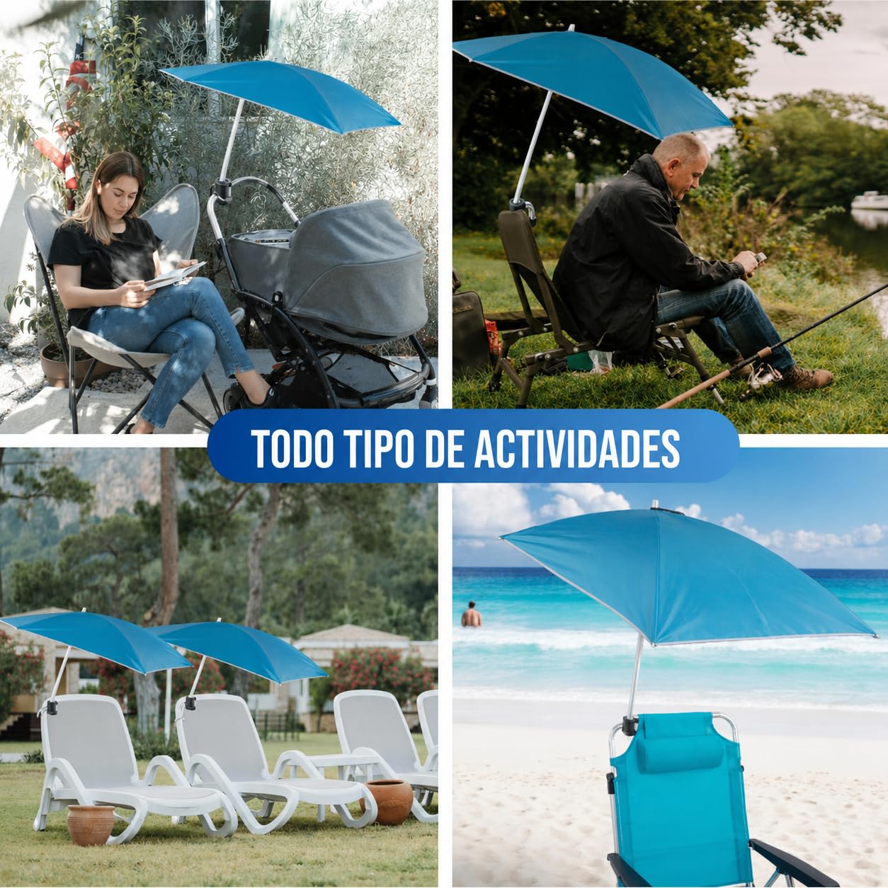 Pincho Sombrilla Tipo Vela Silla de Playa con rotacion 360 Grados y Doble posicion de Anclaje, Proteccion Solar UPF, Estructura Ligera Plegable Ideal para Pescar Leer y Actividades al Aire Libre
