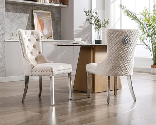 Miniatura 2 de KCC Juego de 2 sillas de comedor tapizadas de terciopelo, modernas sillas capitoné con botones con anillo de cabeza de león y patas de acero