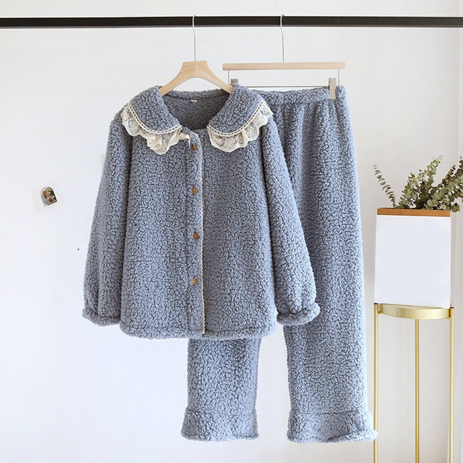 Pijama largo de franela para mujer, juego de pijama de felpa cálido, traje de casa de dos piezas, ropa de salón con botones, para invierno, cómodo, suave, ropa de dormir térmica