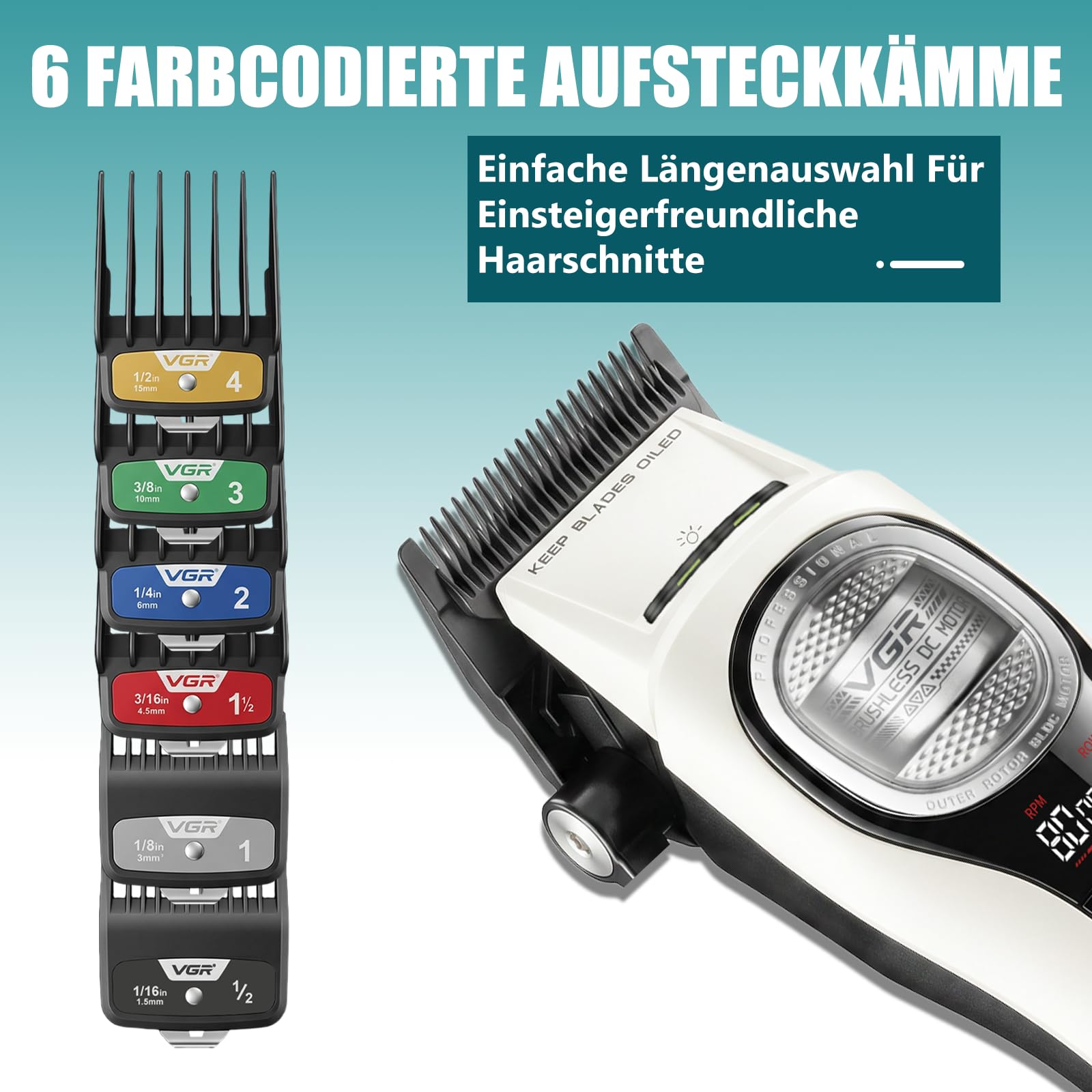VGR 888C Haarschneidemaschine Profi Drahtlos, Clipper Haarschneider mit LED | Profi Haarschneidemaschine mit Turbolader, Hair Clipper mit Außenläufer BLDC Motor, Beleuchtung, Ladestation