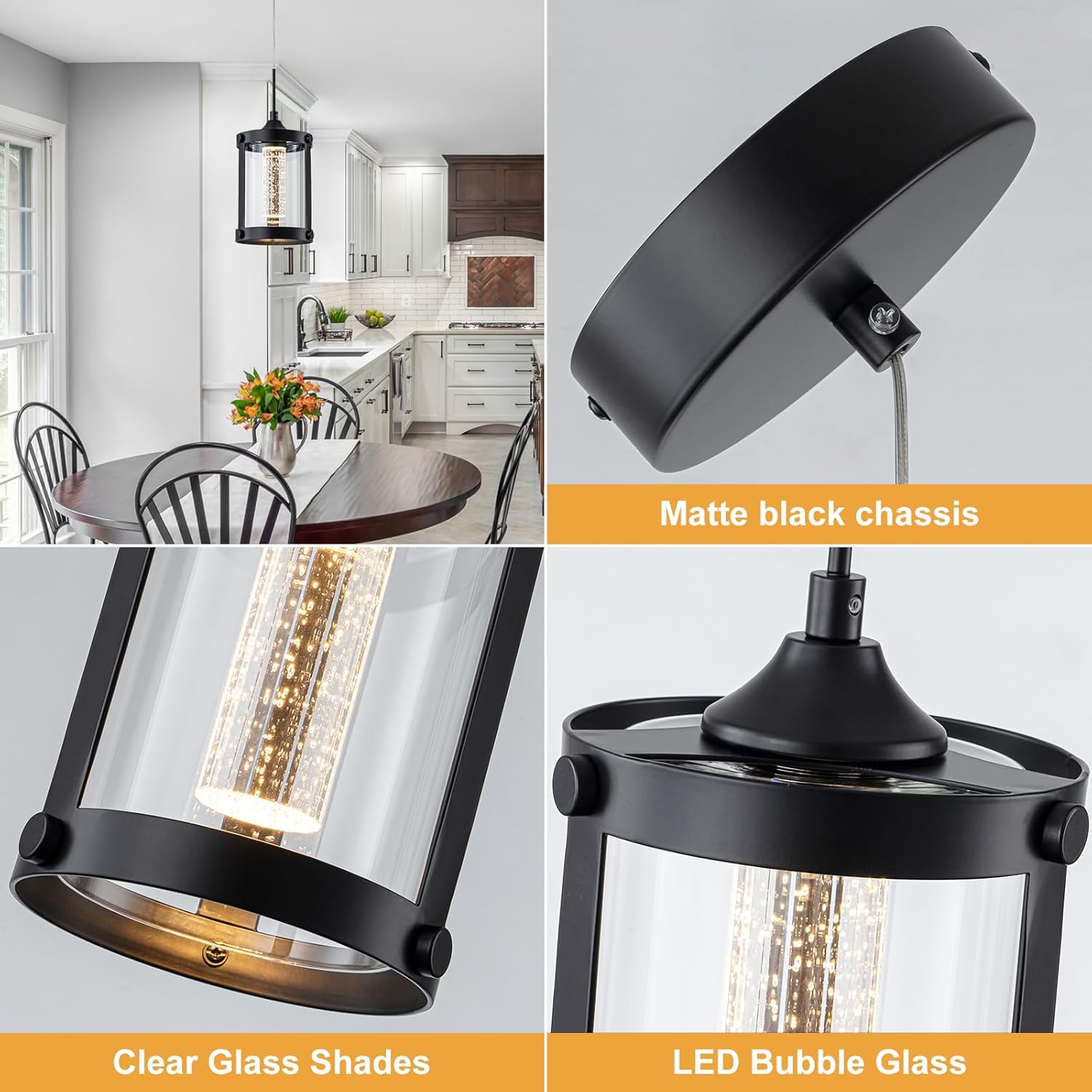 LED Modern Pendant Light for Kitchen Island, 2700K-5000K Dimmable Crystal Bubble Pendant Lighting with Clear Glass, 9W Hanging Light Fixture for Dining Room (Black, 1-Pack)