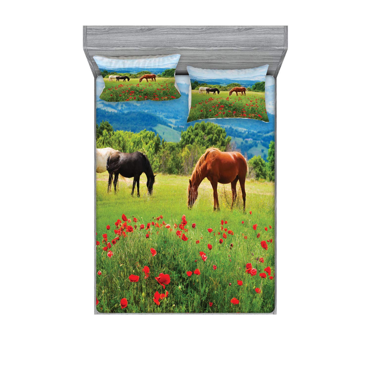Ambesonne Horses Fitted Sheet & Pillow Sham Set, Various Kinds of Horses Eating Grass in Field Mountain Landscape Rural Scene Print, Decorative Printed 3 Piece Bedding Decor Set, Calking, Red Green