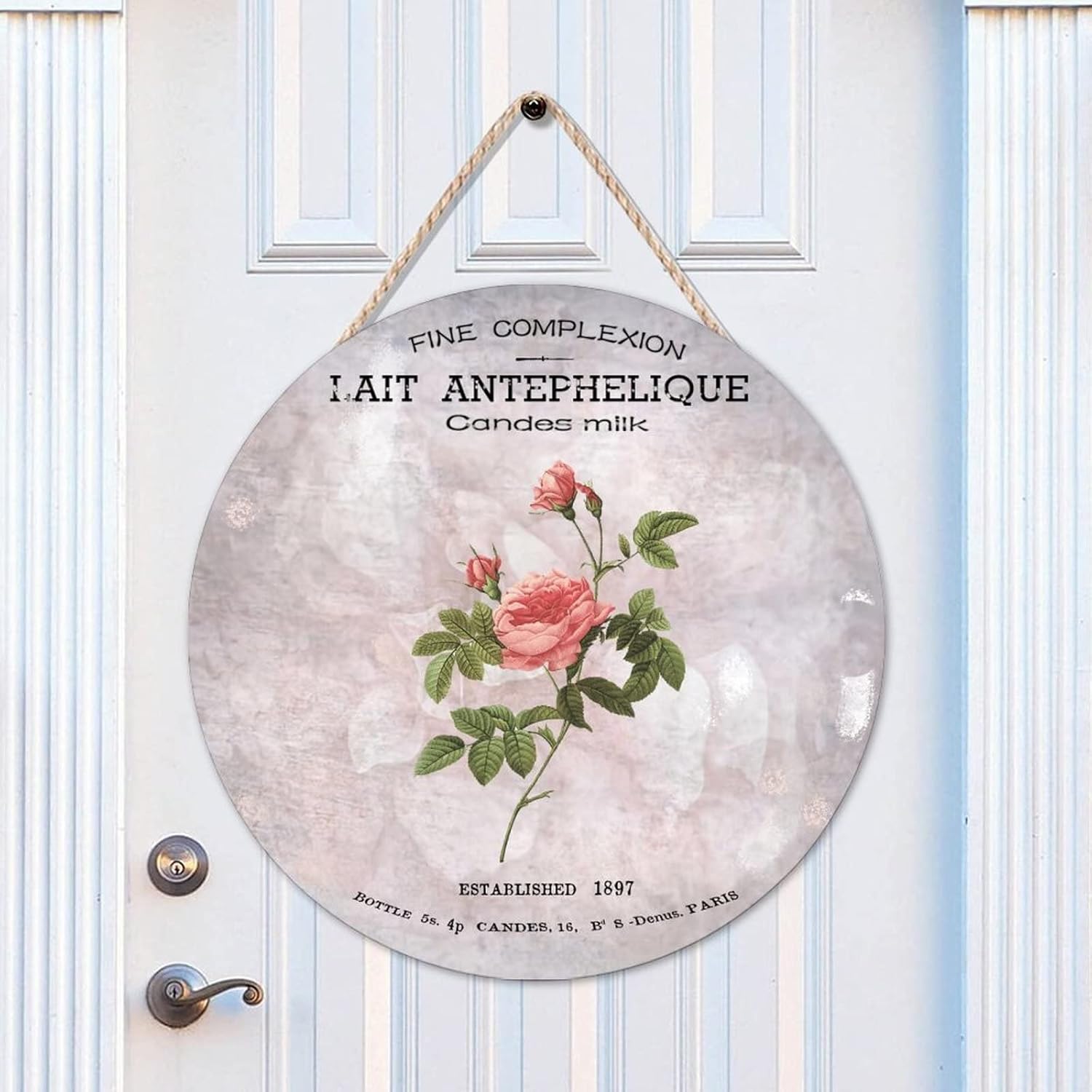 French Vintage Flower Wood Door Sign, Rustic Round Door Hanger Sign, 16x16in Flower Wall Door Hanging Sign for Outdoor Front Porch Farmhouse Front Door Decor Housewarming Gifts