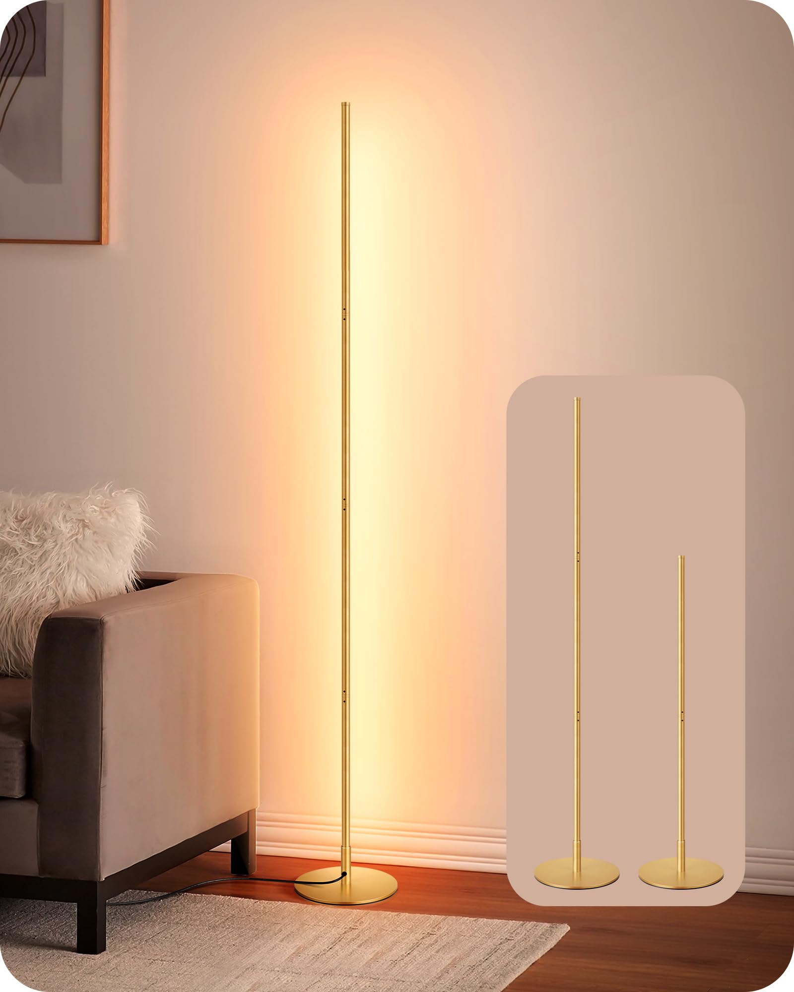 (similar)LED Corner Floor Lamp, Modern Slim Dimmable Light, Adjustable Height, 57.5" Minimalist Tall Lamp for Living Room, Bedroom, Office, 3000K Warm White Light (Gold)