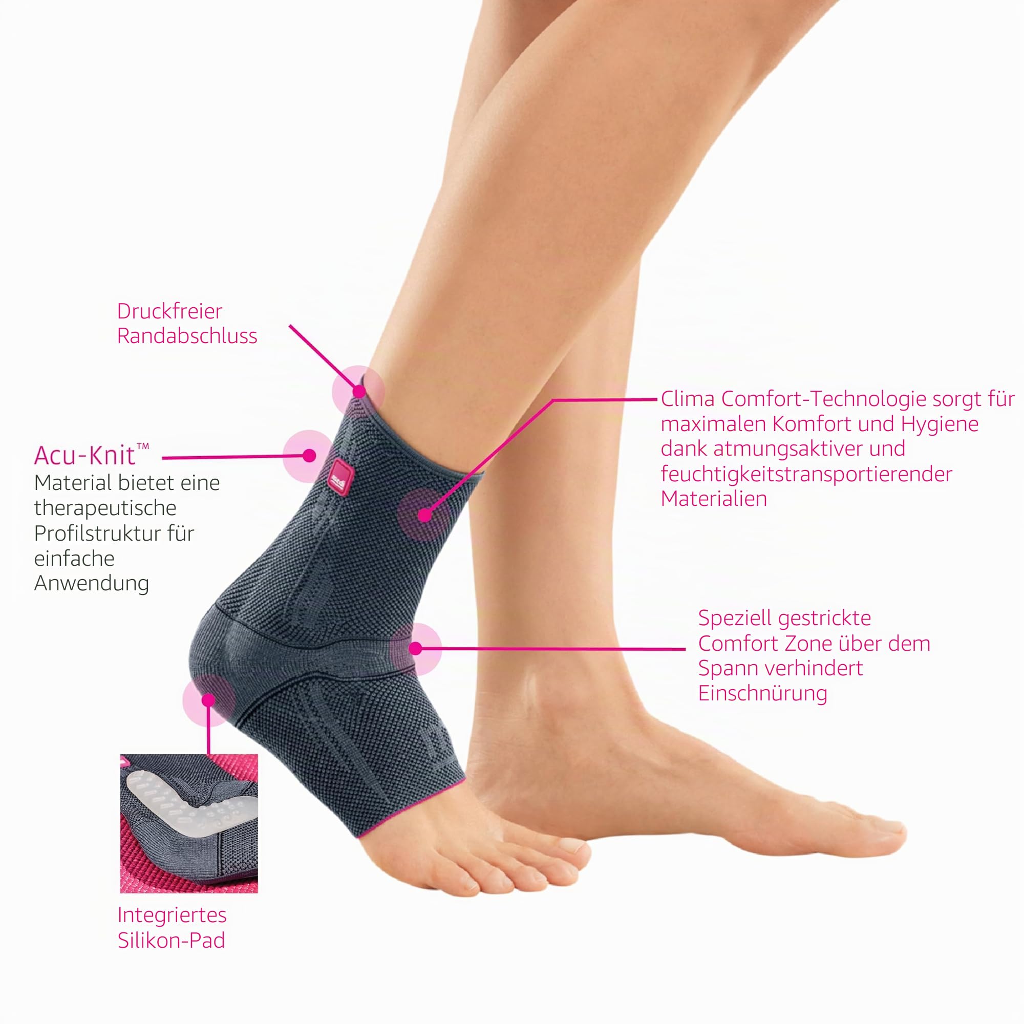 medi Levamed Sprunggelenkbandage UNISEX – Knöchelbandage zur Stabilisierung, beidseitig tragbar – Fußbandage aus Komfortgestrick mit Entlastungszone – Silber | Größe III