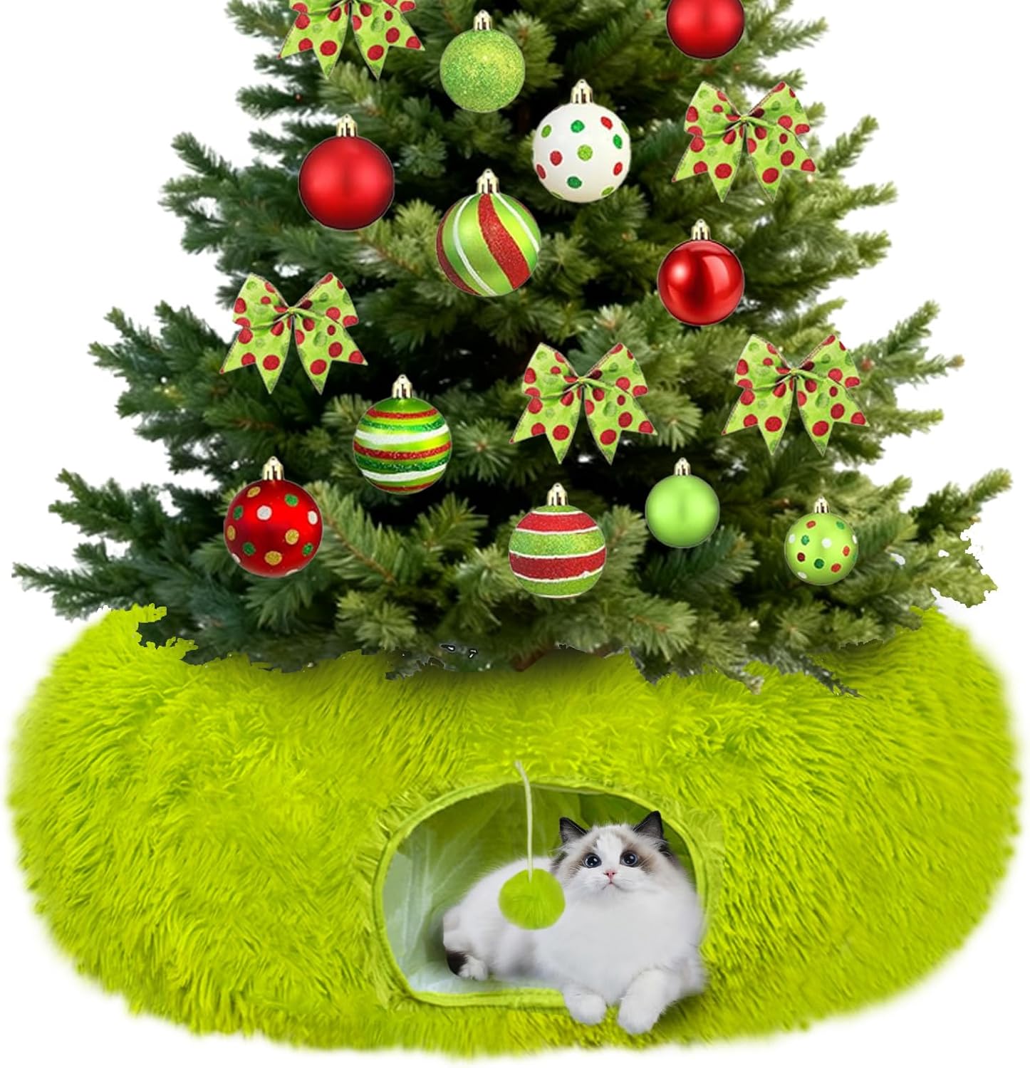 Christmas Cat Tunnel Bed Under Christmas Tree for Indoor Plush Lime Green Cats Xmas Cat Donut Tunnel Foldable Plush Peekaboo Cat Cave Toy for Small Cat Kitten (2.8 ft*2.8ft*10inch, Lime Green)