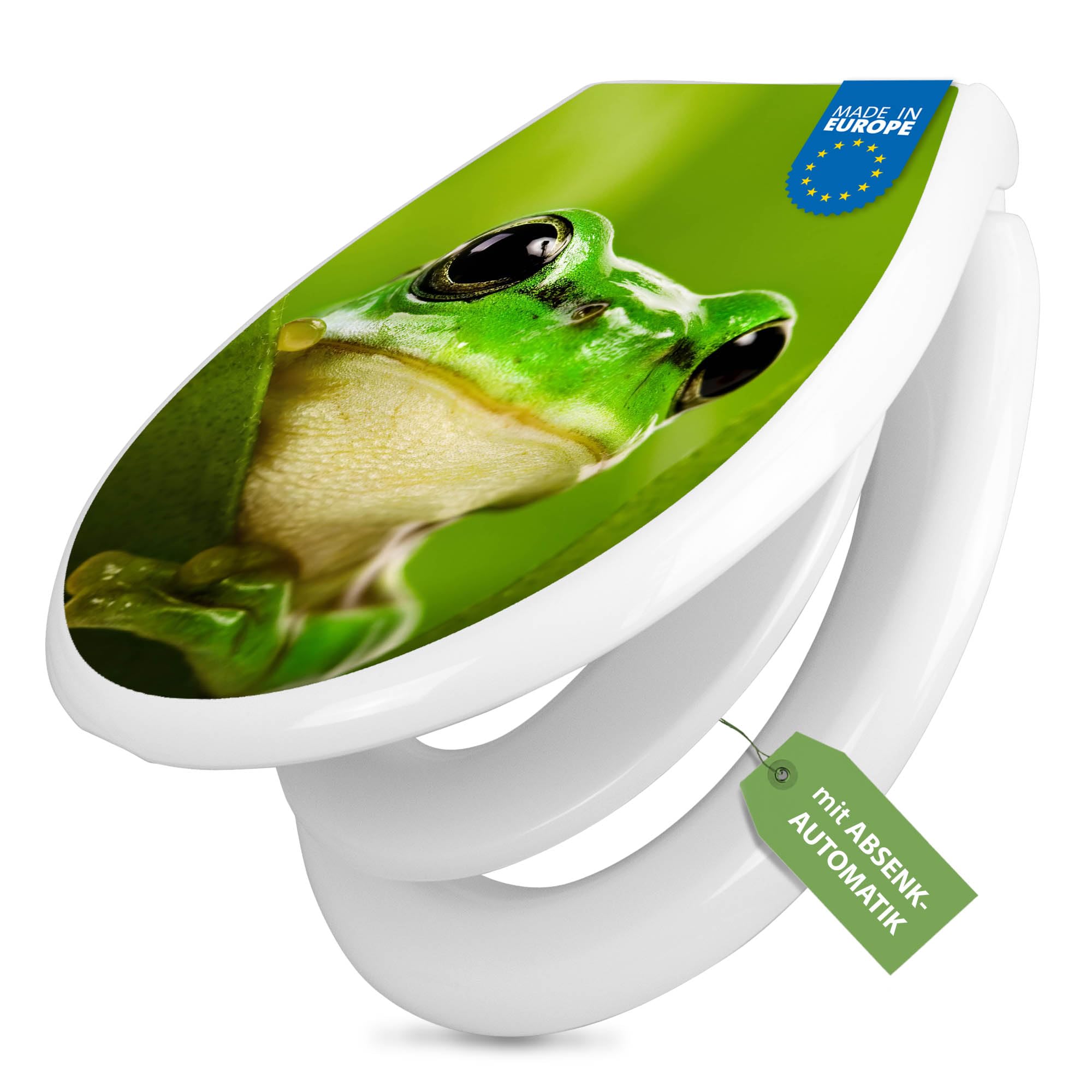 banjado Familien WC Sitz mit Absenkautomatik 44,9x37,1cm - Klobrille mit Kindersitz aus hochwertigem Polypropylen - Toilettendeckel mit Kinder Toilettensitz integriert - Motiv Frosch