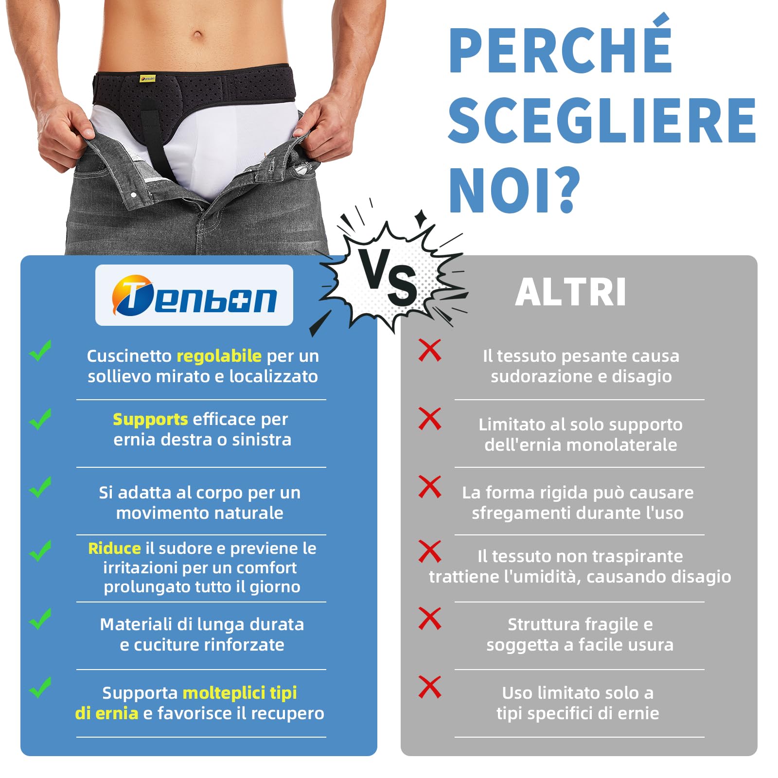 Tenbon Cintura per ernia per uomini e donne Cintura per ernia regolabile flessibile Supporto per ernia Sollievo dal dolore con cuscinetti di compressione rimovibili Ernia sinistra e destra (L, Black)