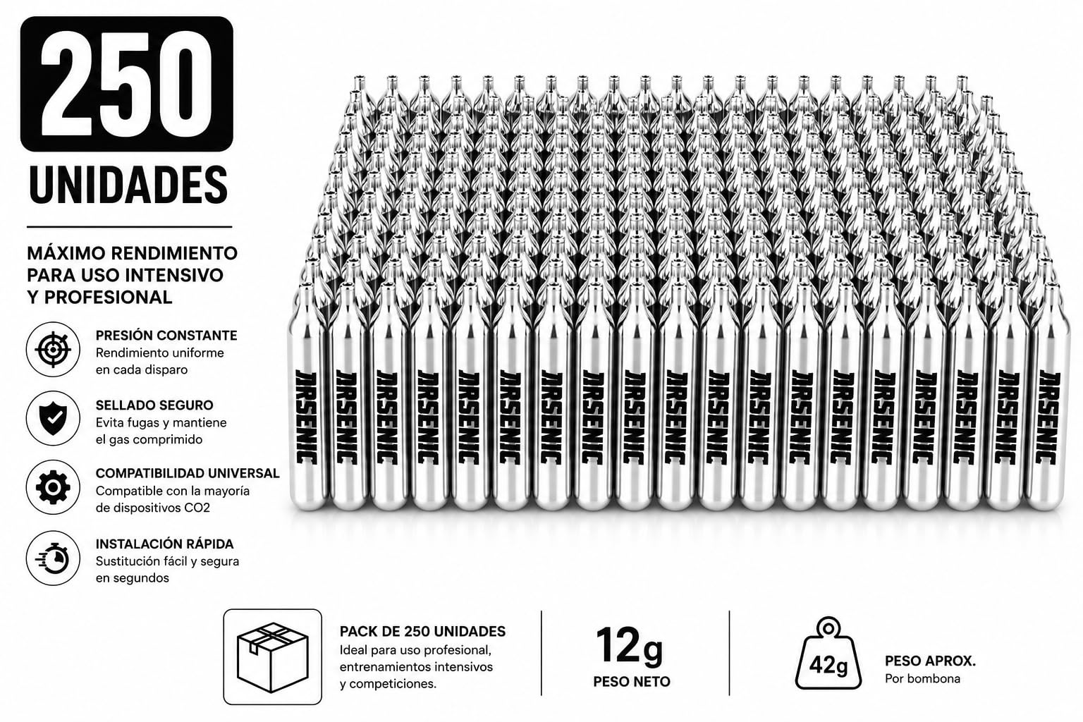 Bombonas CO2 12g Arsenic Plata para Airsoft y Pistolas de Balines, Cartuchos Gas Presurizado