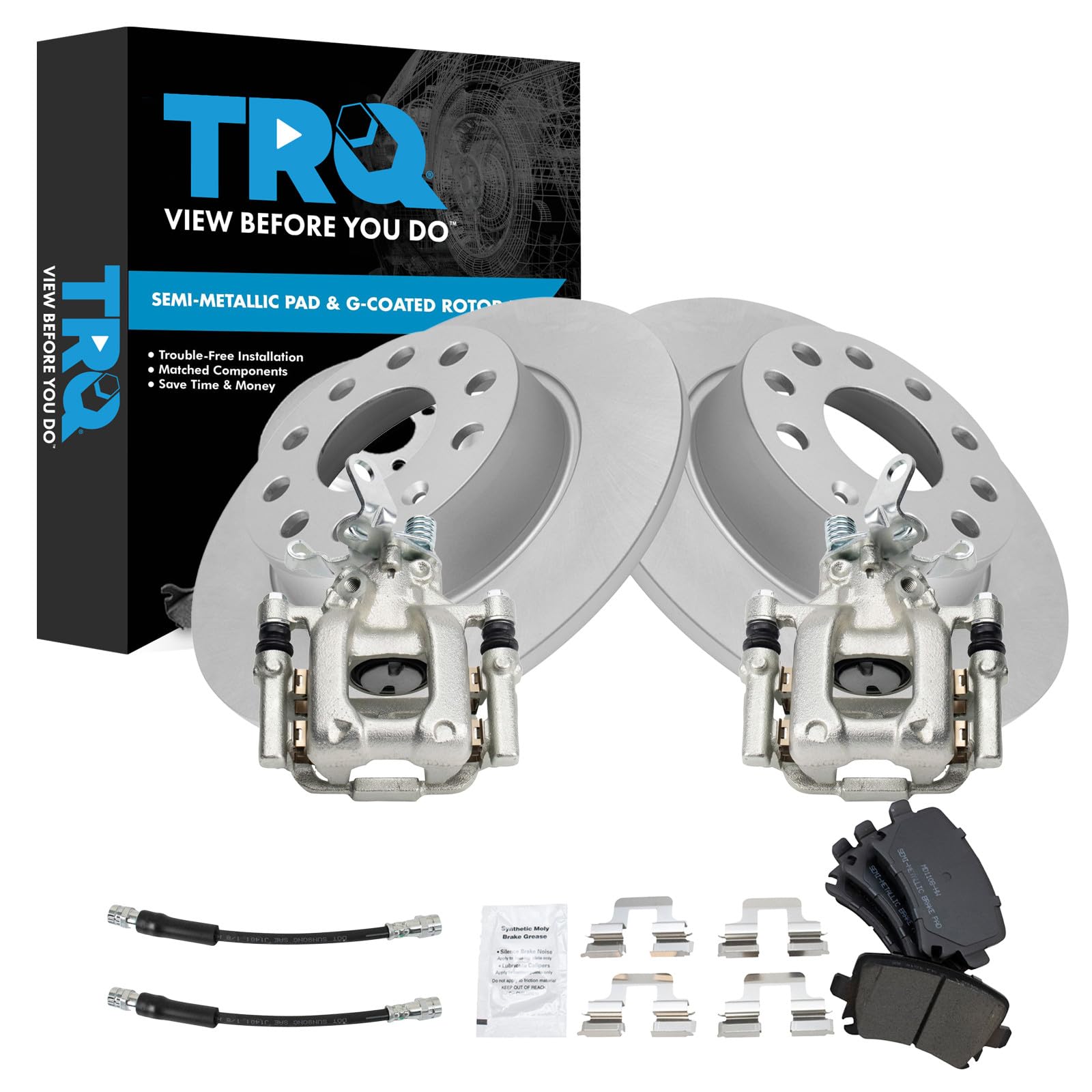 TRQ Rear Brake Pad and Rotor Set Semi Metallic Coated Rotors Calipers Compatible with 2010 Volkswagen Jetta