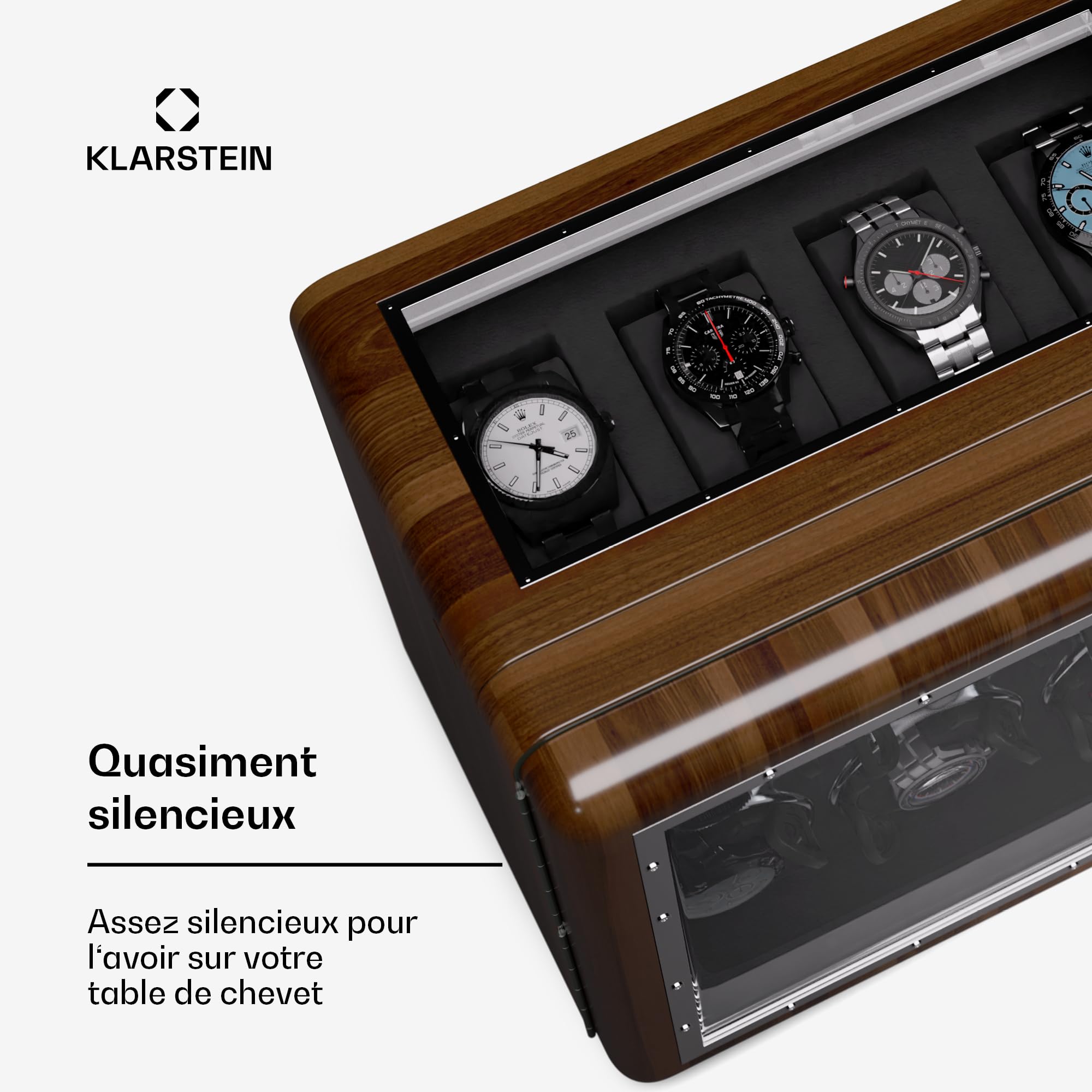 KLARSTEIN Remontoir Automatique de Montres, Boite a Montre Automatique Homme et Femme, Vitrine en Acrylique, Ultra Silencieux, 5 TPD et 3 Modes de Rotation, Moteur Remontoir à Ressort, Coffret