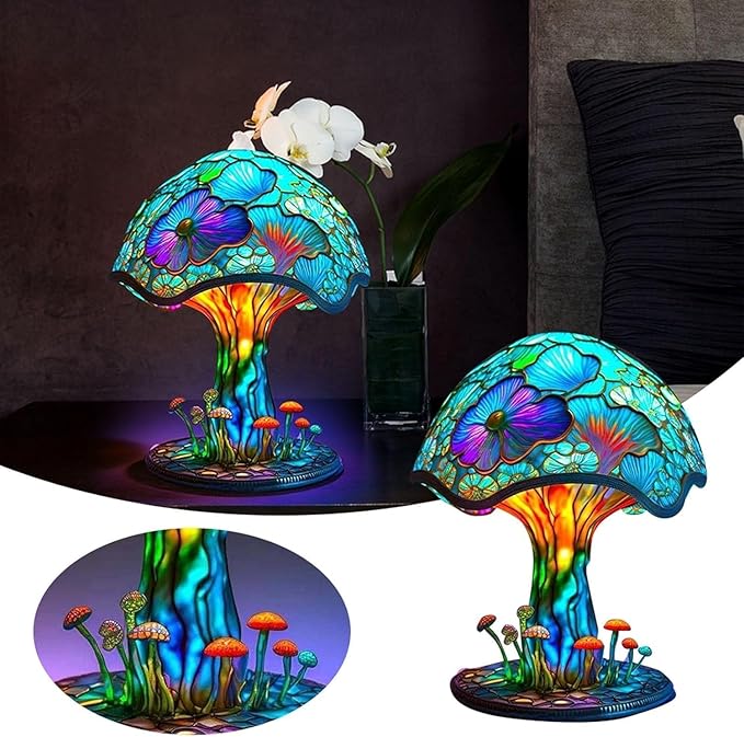 Generic Painting Mushroom Table Lamp, Stained Plant Series Night Light, 2023 New Stained Glass Plant Night Light, Colorful Bohemian Resin Decorative Mushroom Lamps for Bedroom Living Room Home Office Decor-A