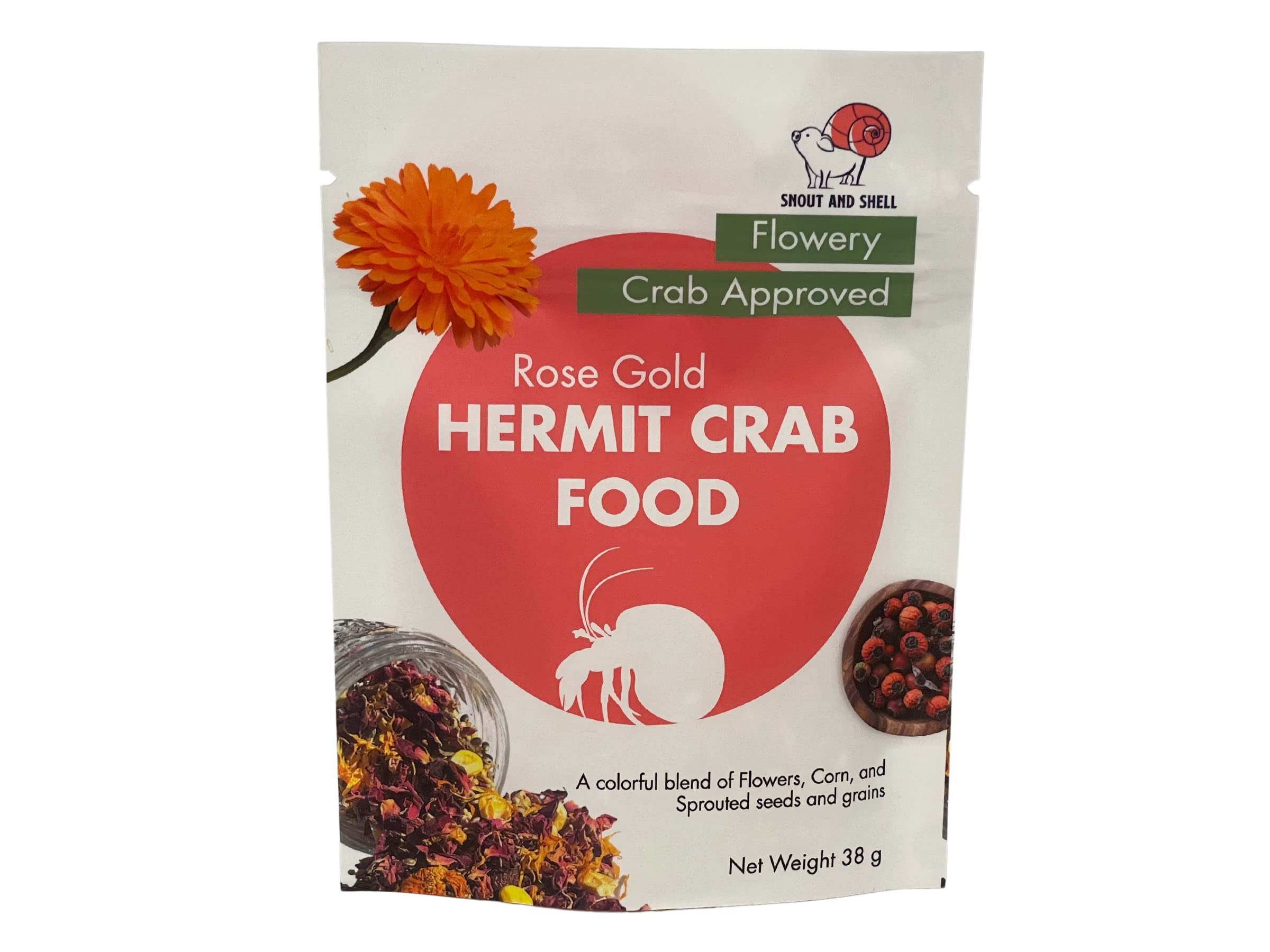 Rose Gold Natural Hermit Crab Food – Rose Petals, Calendula & Sprouted Grains – 39g – Snout and Shell